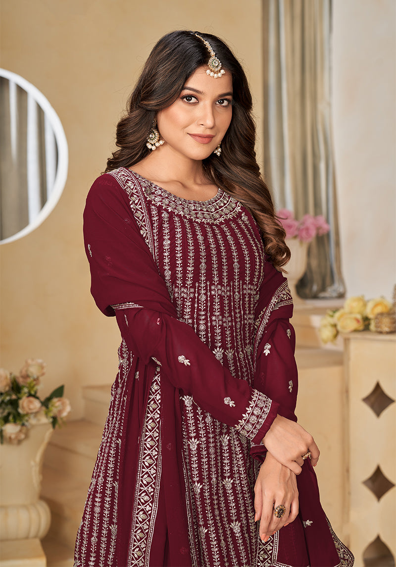 Monjolika Fashion Embroidered Maroon Faux Georgette Trendy Salwar Kameez - Distacart