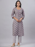 Juniper Women's Royal Blue Cotton Printed Straight Kurta Pant Dupatta Set - Distacart