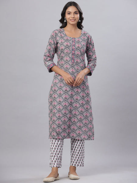 Juniper Women's Grey Color Cotton Printed Straight Kurta Pant Dupatta Set