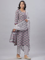 Juniper Women's Royal Blue Cotton Printed Straight Kurta Pant Dupatta Set - Distacart