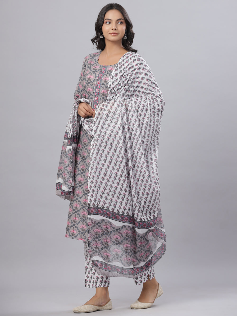 Juniper Women's Royal Blue Cotton Printed Straight Kurta Pant Dupatta Set - Distacart