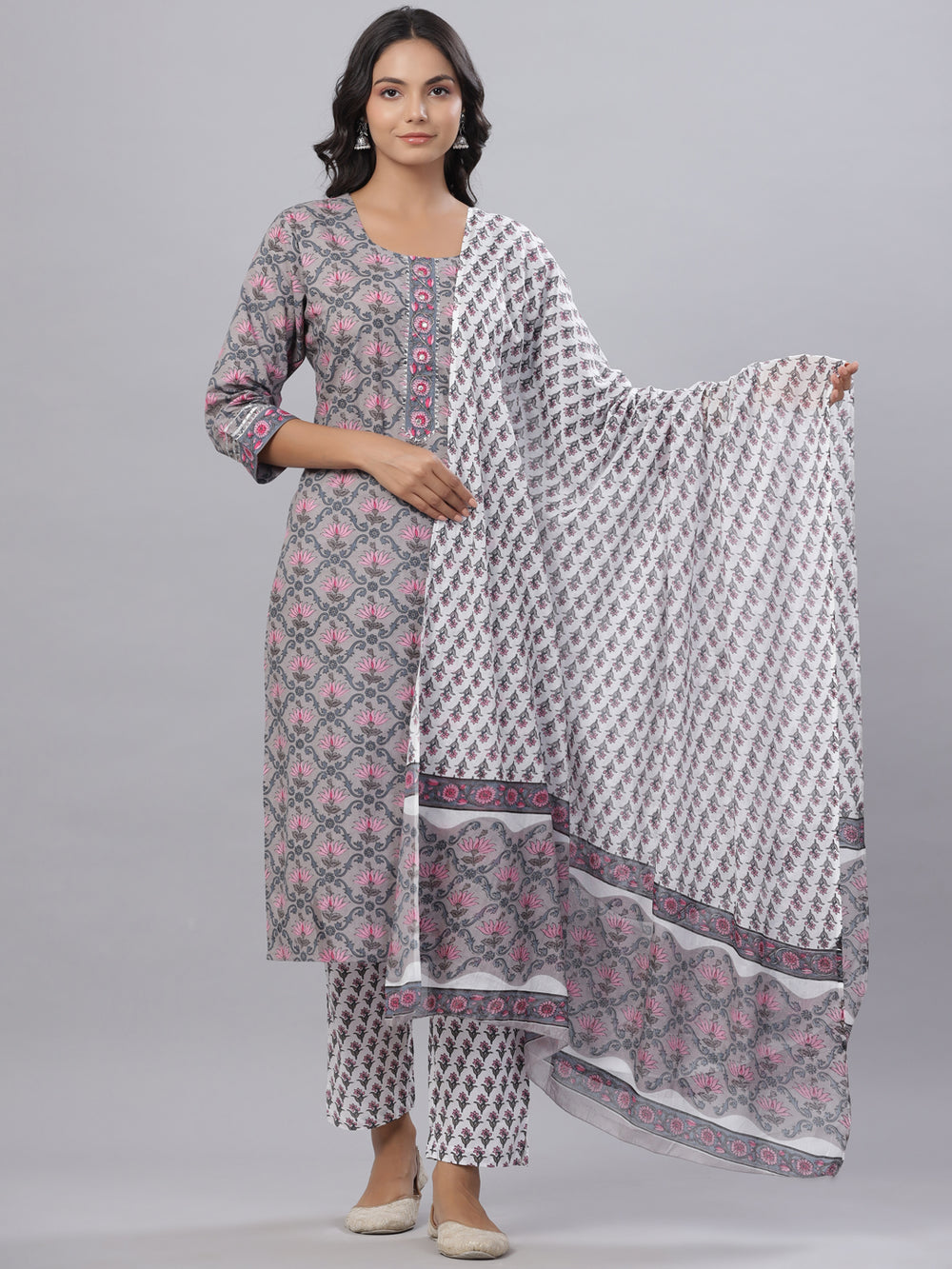 Juniper Women's Royal Blue Cotton Printed Straight Kurta Pant Dupatta Set - Distacart