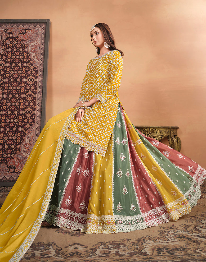 Monjolika Fashion Embroidered Chinon Silk Ethnic Lehenga In Mustard