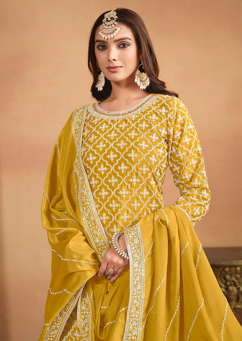 Monjolika Fashion Embroidered Chinon Silk Ethnic Lehenga In Mustard