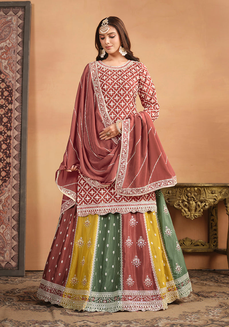 Monjolika Fashion Embroidered Chinon Silk Ethnic Lehenga In Rust Pink