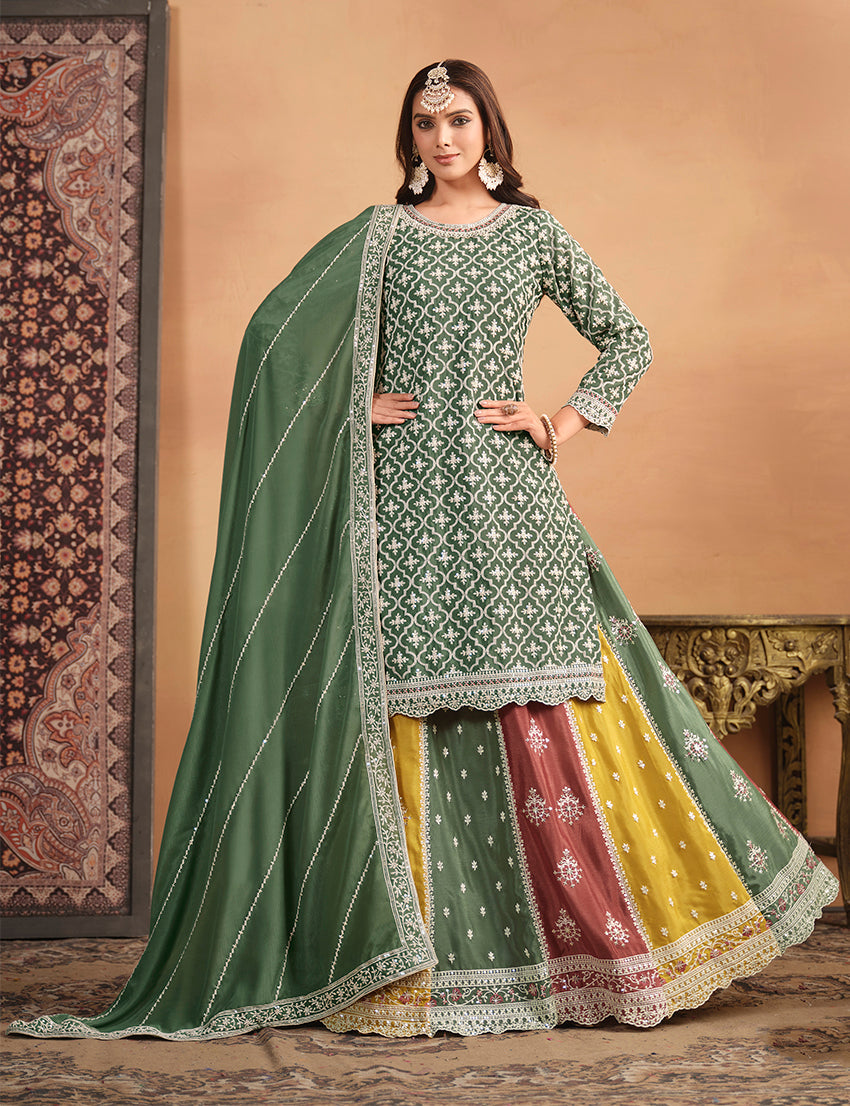 Monjolika Fashion Embroidered Chinon Silk Ethnic Lehenga In Green