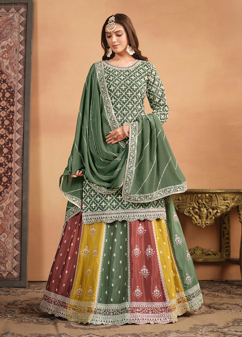 Monjolika Fashion Embroidered Chinon Silk Ethnic Lehenga In Green