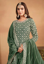 Monjolika Fashion Embroidered Chinon Silk Ethnic Lehenga In Green
