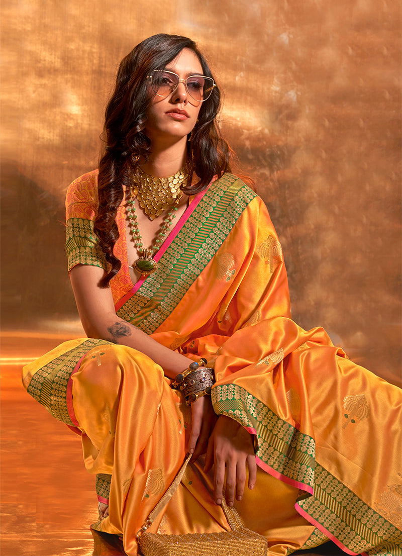 Monjolika Fashion Yellow Colour Satin Silk Zari Woven Designer Saree With Blouse - Distacart