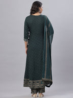 Juniper Women's Bottle Green Rayon Printed Embroidered A-Line Kurta Pant Set - Distacart