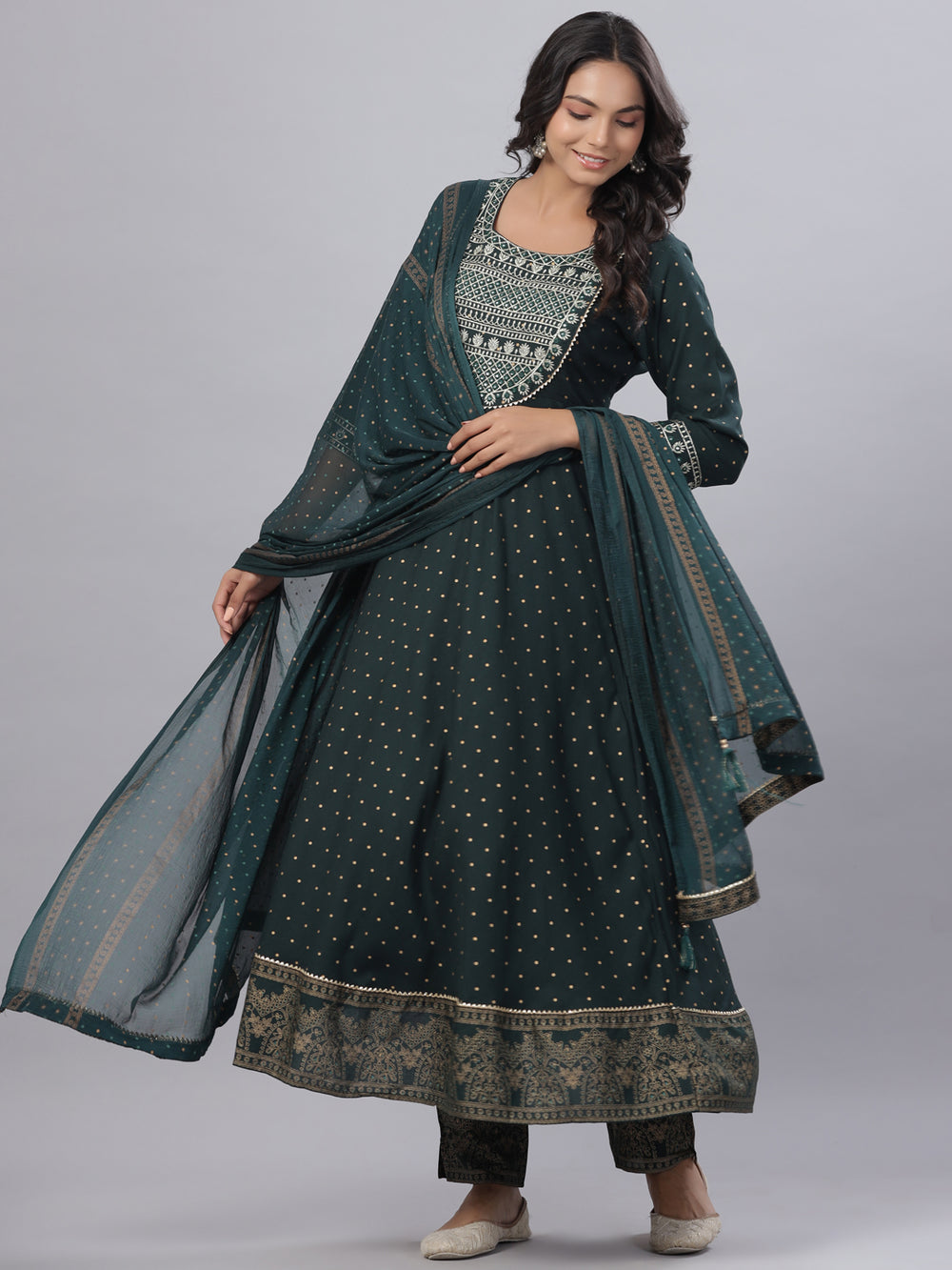 Juniper Women's Bottle Green Rayon Printed Embroidered A-Line Kurta Pant Set - Distacart