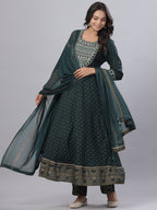 Juniper Women's Bottle Green Rayon Printed Embroidered A-Line Kurta Pant Set - Distacart