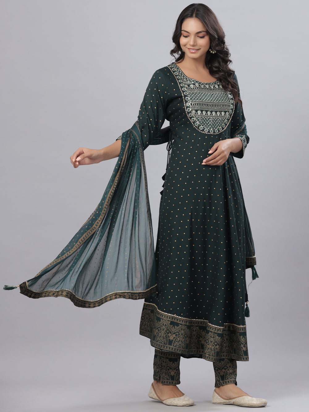 Juniper Women's Bottle Green Rayon Printed Embroidered A-Line Kurta Pant Set - Distacart