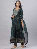 Juniper Women's Bottle Green Rayon Printed Embroidered A-Line Kurta Pant Set - Distacart