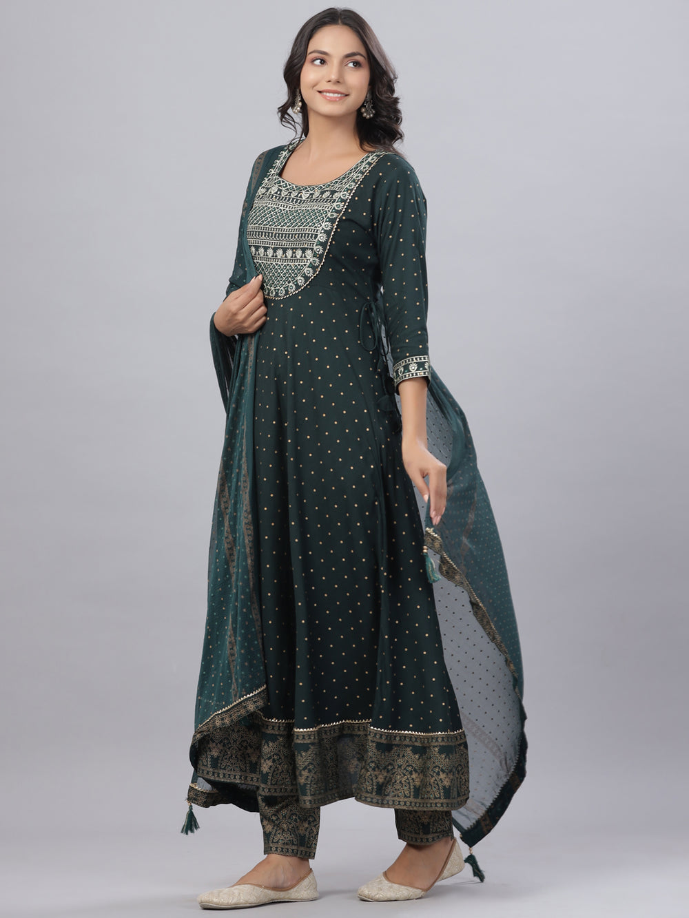 Juniper Women's Bottle Green Rayon Printed Embroidered A-Line Kurta Pant Set - Distacart