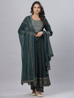 Juniper Women's Bottle Green Rayon Printed Embroidered A-Line Kurta Pant Set - Distacart