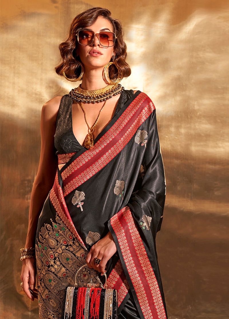Monjolika Fashion Black Colour Satin Silk Zari Woven Designer Saree With Blouse - Distacart