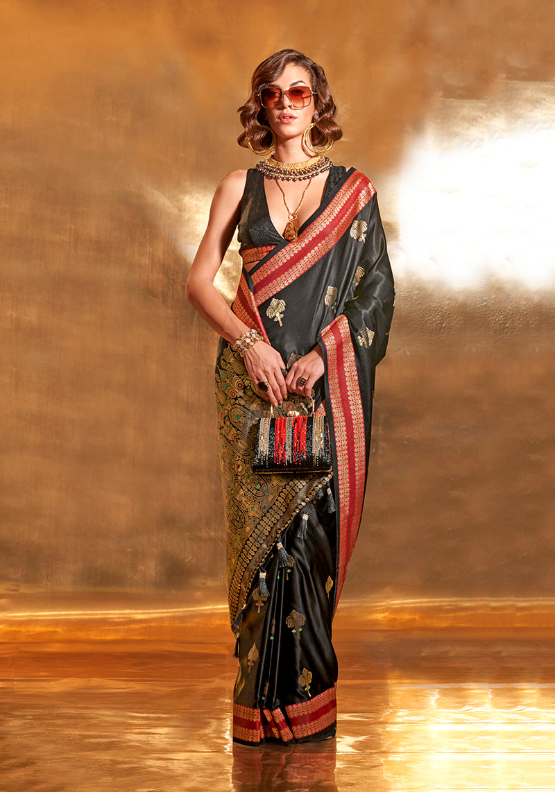 Monjolika Fashion Black Colour Satin Silk Zari Woven Designer Saree With Blouse - Distacart
