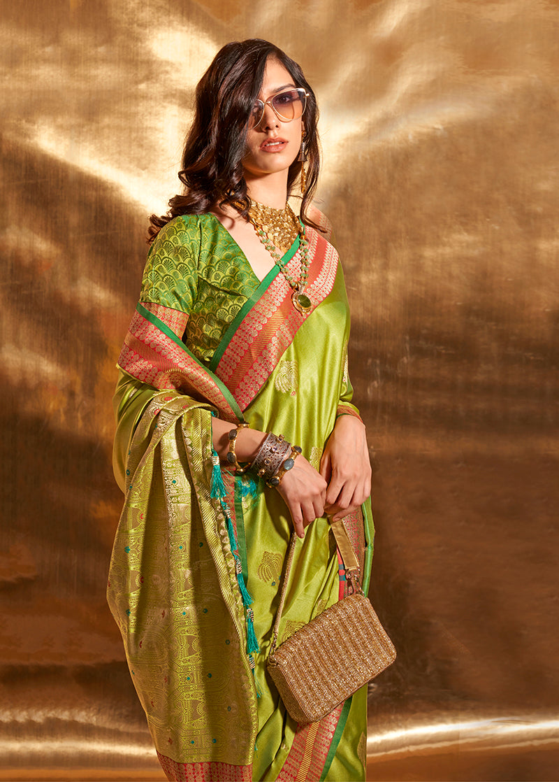 Monjolika Fashion Pear Green Colour Satin Silk Zari Woven Designer Saree With Blouse - Distacart