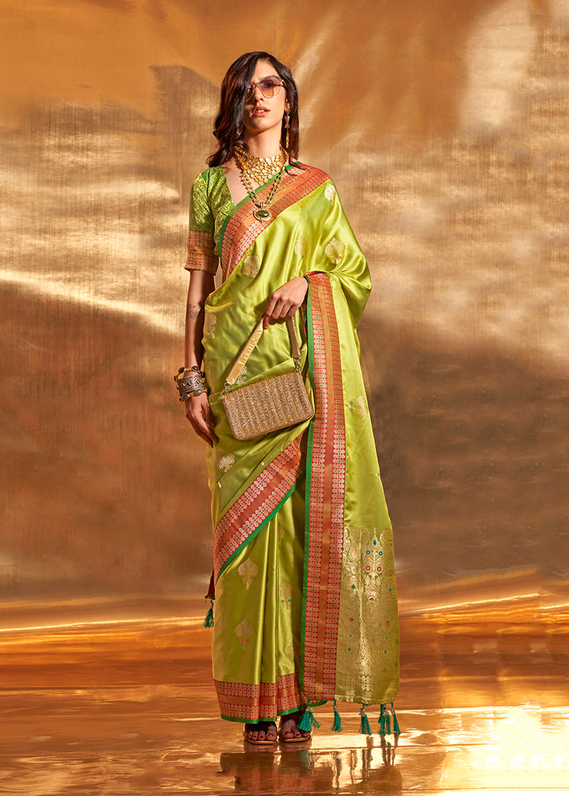 Monjolika Fashion Pear Green Colour Satin Silk Zari Woven Designer Saree With Blouse - Distacart