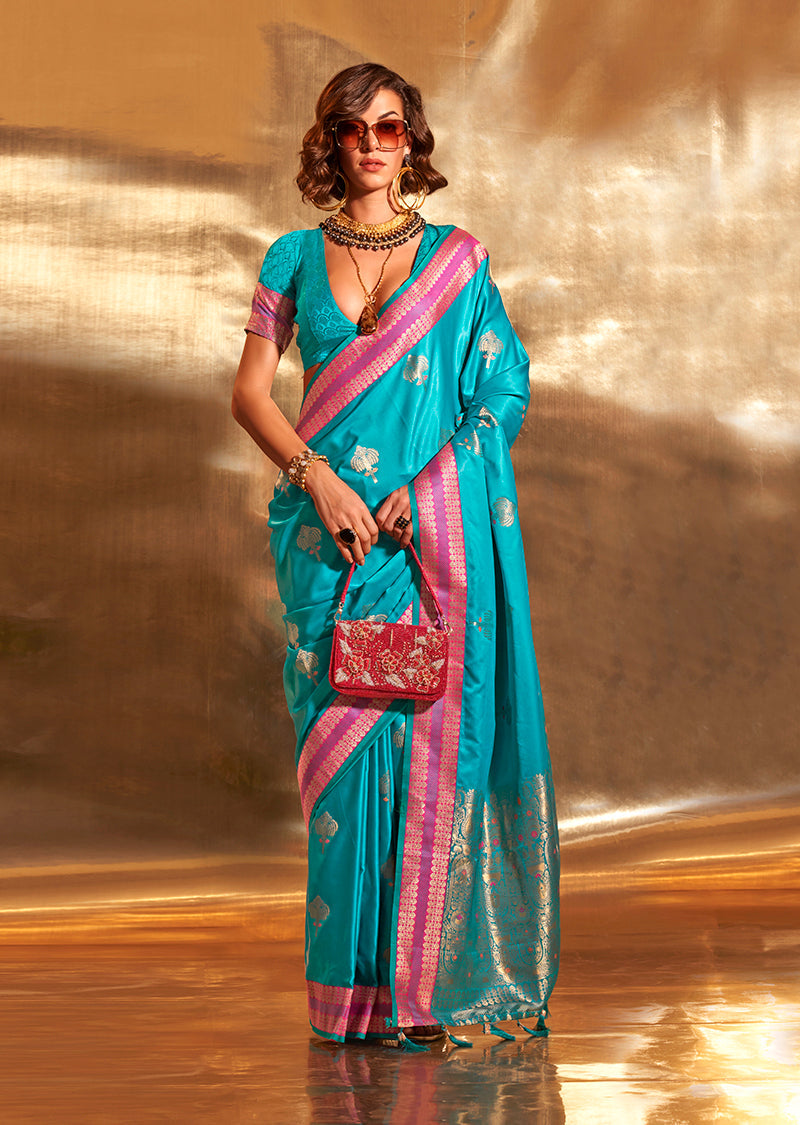 Monjolika Fashion Blue Colour Satin Silk Zari Woven Designer Saree With Blouse - Distacart