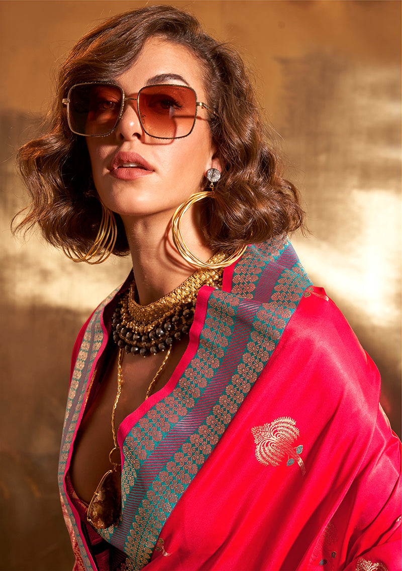 Monjolika Fashion Dark Pink Colour Satin Silk Zari Woven Designer Saree With Blouse - Distacart