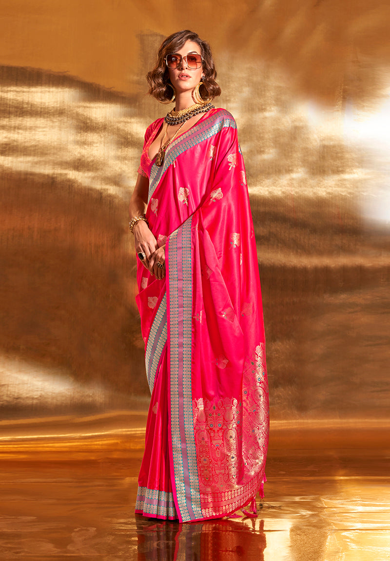 Monjolika Fashion Dark Pink Colour Satin Silk Zari Woven Designer Saree With Blouse - Distacart