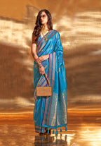Monjolika Fashion Cobalt Blue Colour Satin Silk Zari Woven Designer Saree With Blouse - Distacart