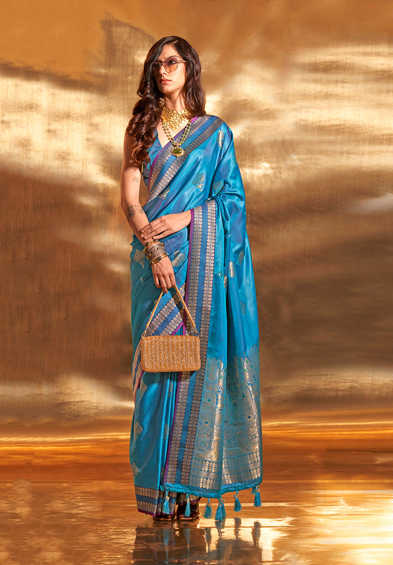 Monjolika Fashion Cobalt Blue Colour Satin Silk Zari Woven Designer Saree With Blouse - Distacart