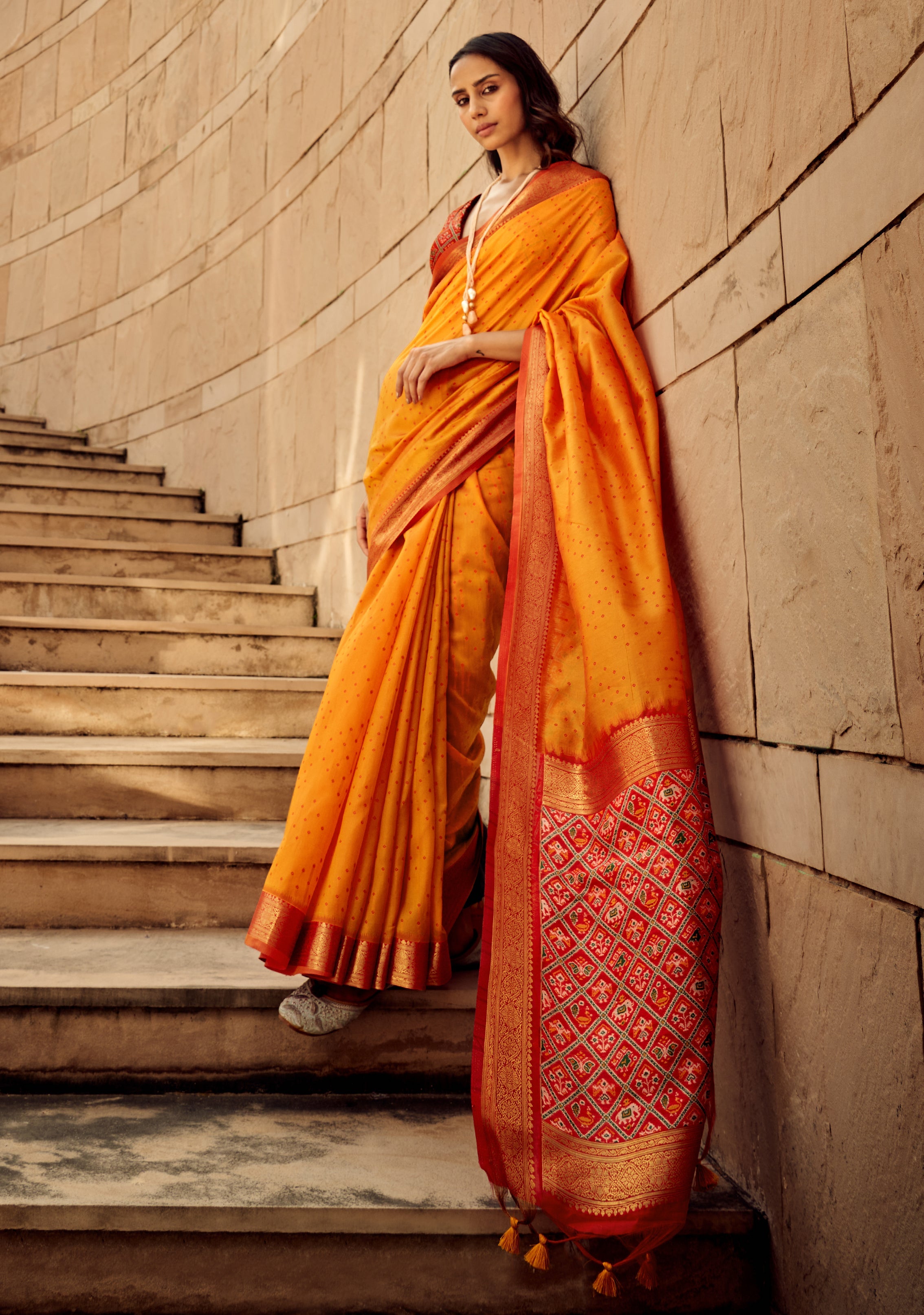 Monjolika Fashion Orange Color Handloom Silk Patola Printed Saree With Blouse
