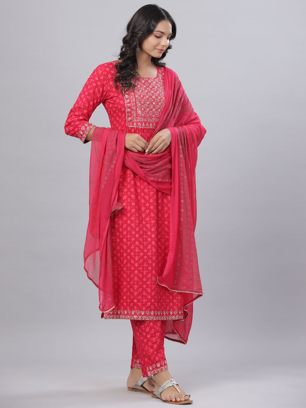 Juniper Women's Fuchsia Rayon Printed Embroidered A-Line Kurta Pant Set - Distacart