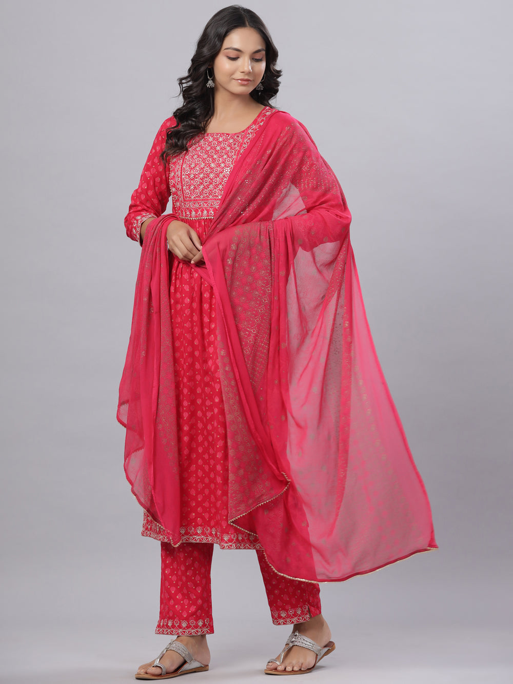 Juniper Women's Fuchsia Rayon Printed Embroidered A-Line Kurta Pant Set - Distacart