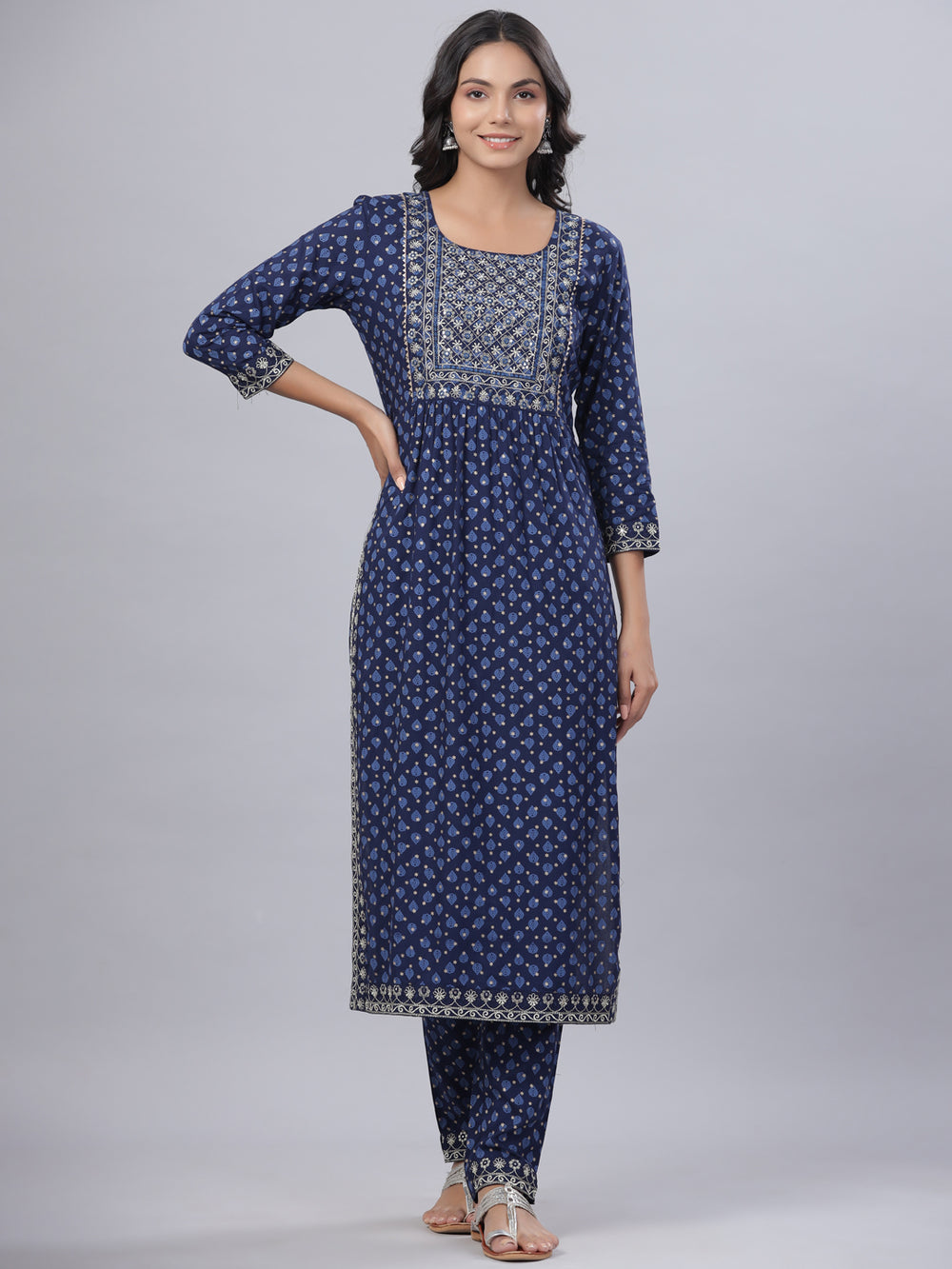 Juniper Women's Navy Blue Rayon Printed Embroidered A-Line Kurta Pant Set - Distacart