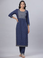 Juniper Women's Navy Blue Rayon Printed Embroidered A-Line Kurta Pant Set - Distacart