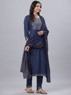 Juniper Women's Navy Blue Rayon Printed Embroidered A-Line Kurta Pant Set - Distacart