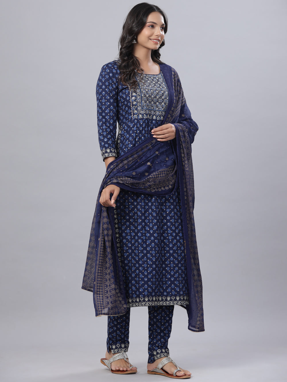 Juniper Women's Navy Blue Rayon Printed Embroidered A-Line Kurta Pant Set - Distacart