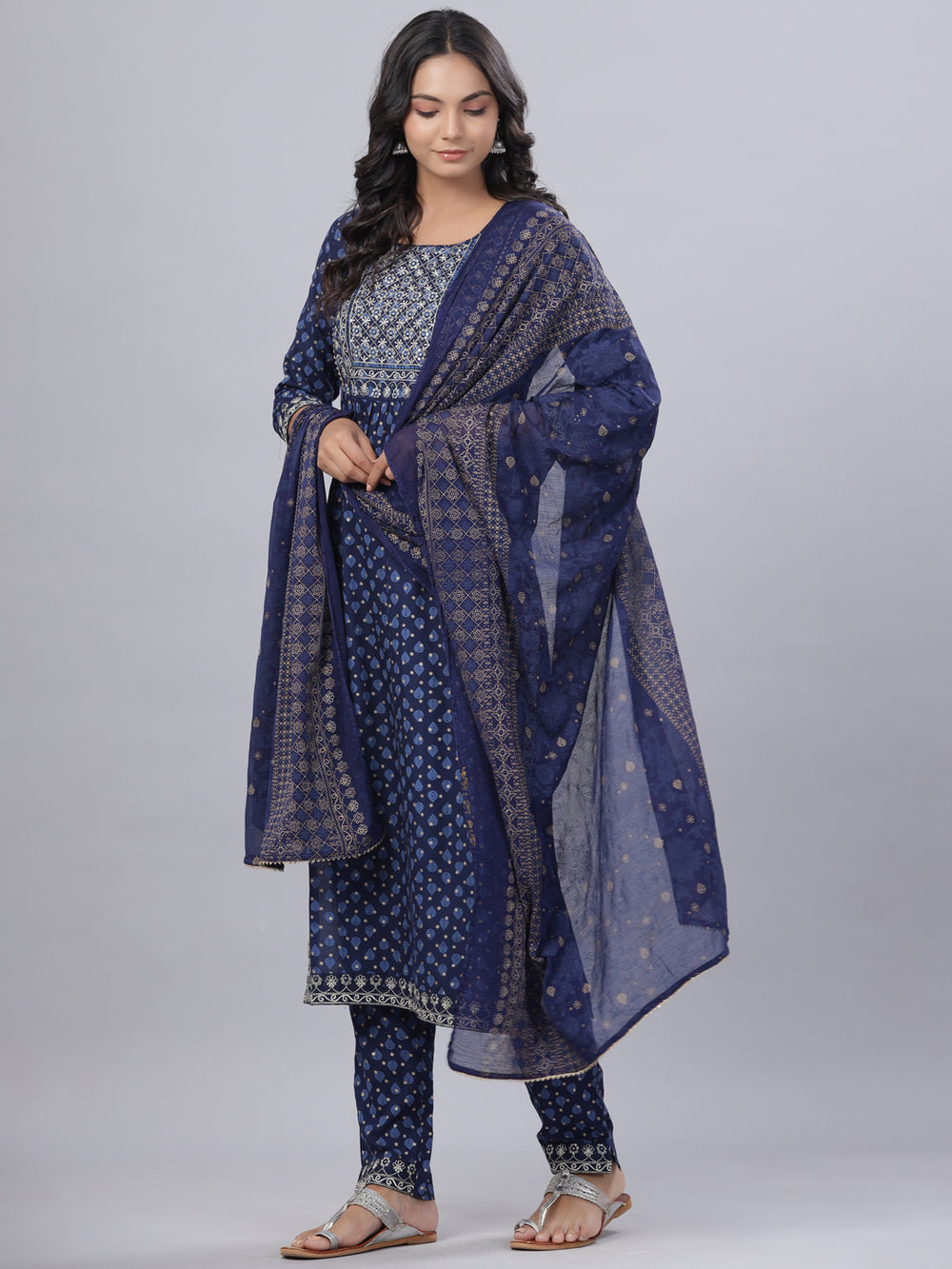 Juniper Women's Navy Blue Rayon Printed Embroidered A-Line Kurta Pant Set - Distacart