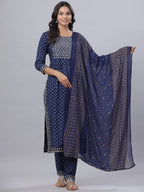 Juniper Women's Navy Blue Rayon Printed Embroidered A-Line Kurta Pant Set - Distacart