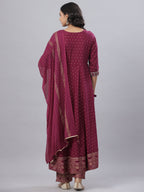 Juniper Women's Mauve Rayon Printed Embroidered A-Line Kurta Pant Set - Distacart