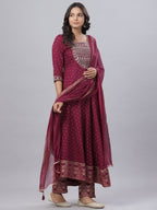 Juniper Women's Mauve Rayon Printed Embroidered A-Line Kurta Pant Set - Distacart