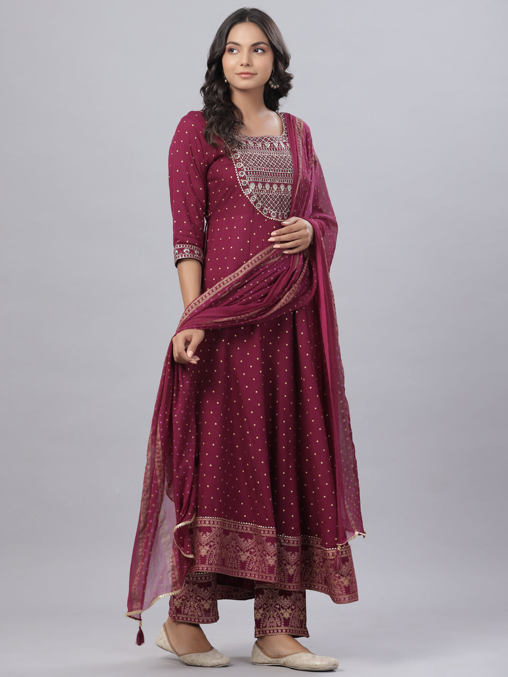Juniper Women's Mauve Rayon Printed Embroidered A-Line Kurta Pant Set - Distacart