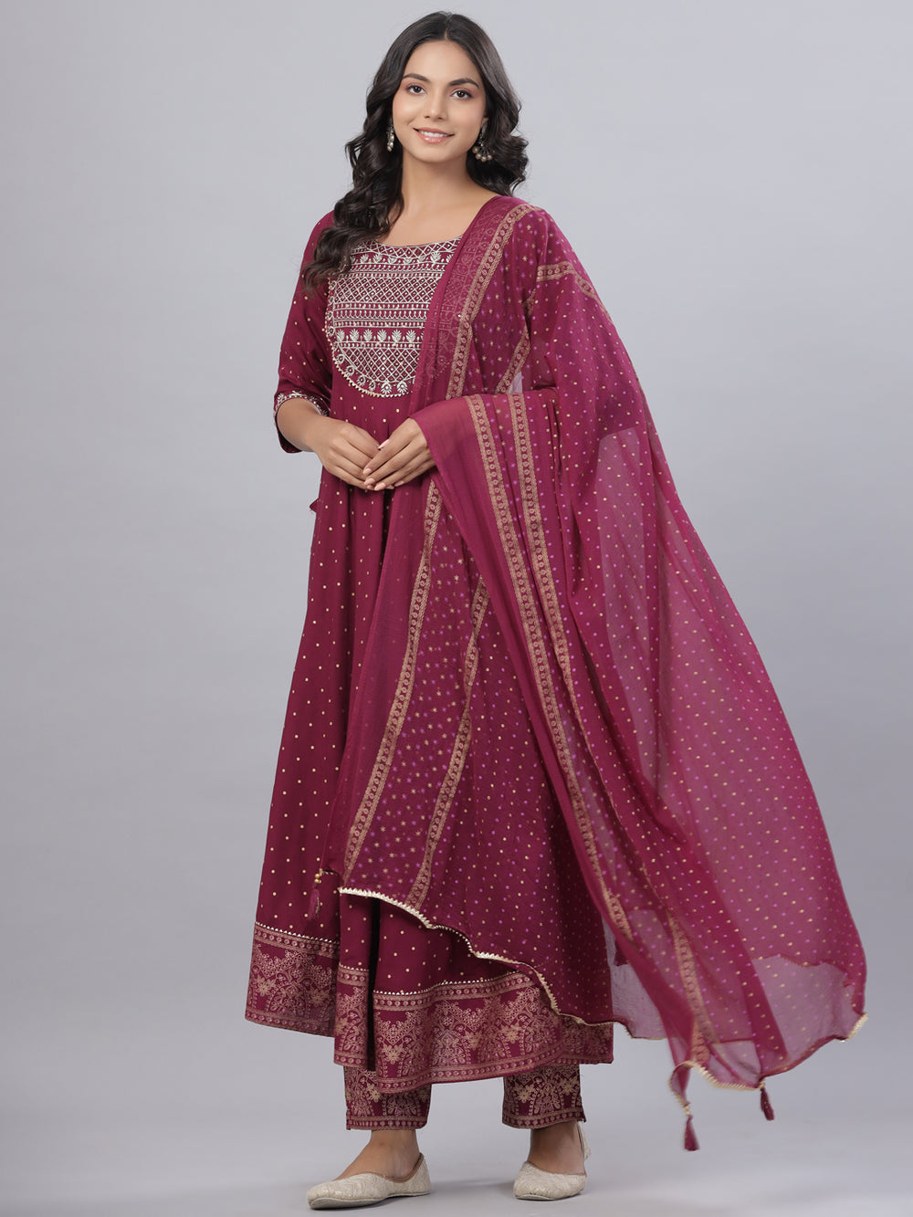 Juniper Women's Mauve Rayon Printed Embroidered A-Line Kurta Pant Set - Distacart