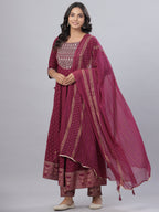 Juniper Women's Mauve Rayon Printed Embroidered A-Line Kurta Pant Set - Distacart