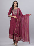 Juniper Women's Mauve Rayon Printed Embroidered A-Line Kurta Pant Set - Distacart