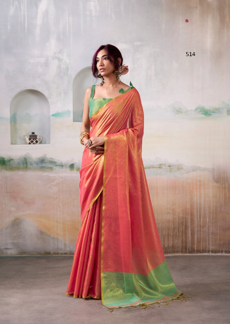 Anaita Red Handloom Tissue Silk Self Woven Plain Saree