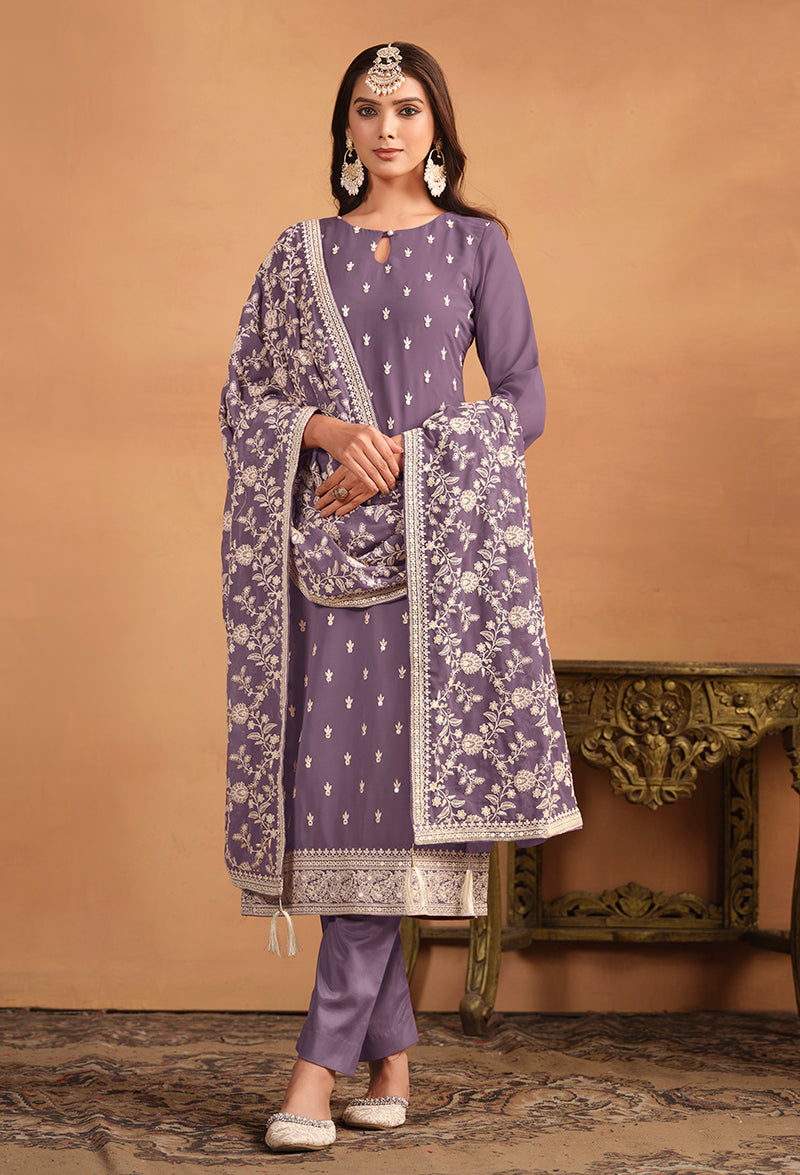Monjolika Fashion Faux Georgette Embroidered Trendy Salwar Suit In Lavender - Distacart