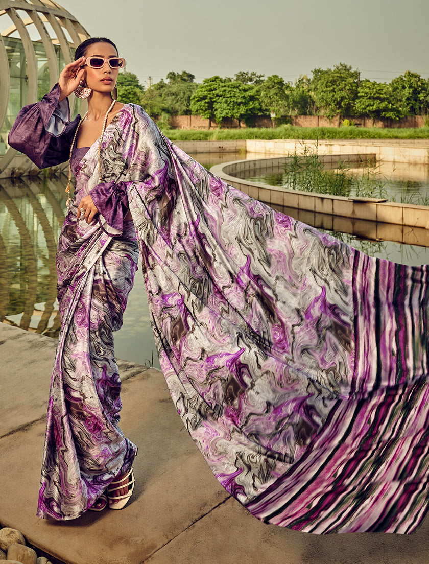 Monjolika Fashion White & Purple Digital Print Satin Trendy Saree - Distacart