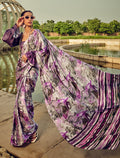 Monjolika Fashion White & Purple Digital Print Satin Trendy Saree - Distacart