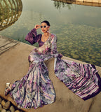 Monjolika Fashion White & Purple Digital Print Satin Trendy Saree - Distacart