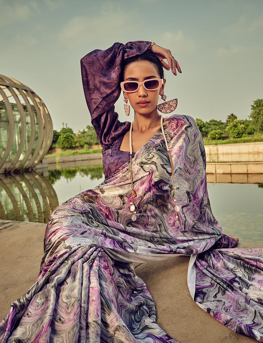 Monjolika Fashion White & Purple Digital Print Satin Trendy Saree - Distacart